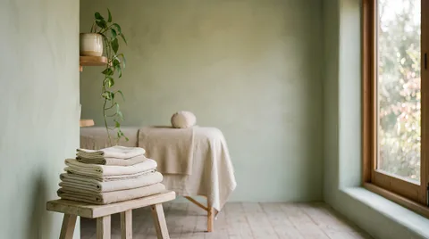 Folded linen towels and a treatment table in a quiet room