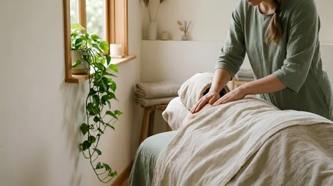 Massage therapist working on a client's back in a calm treatment room in Barnoldswick